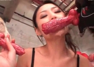 Asian slut and two animal dicks